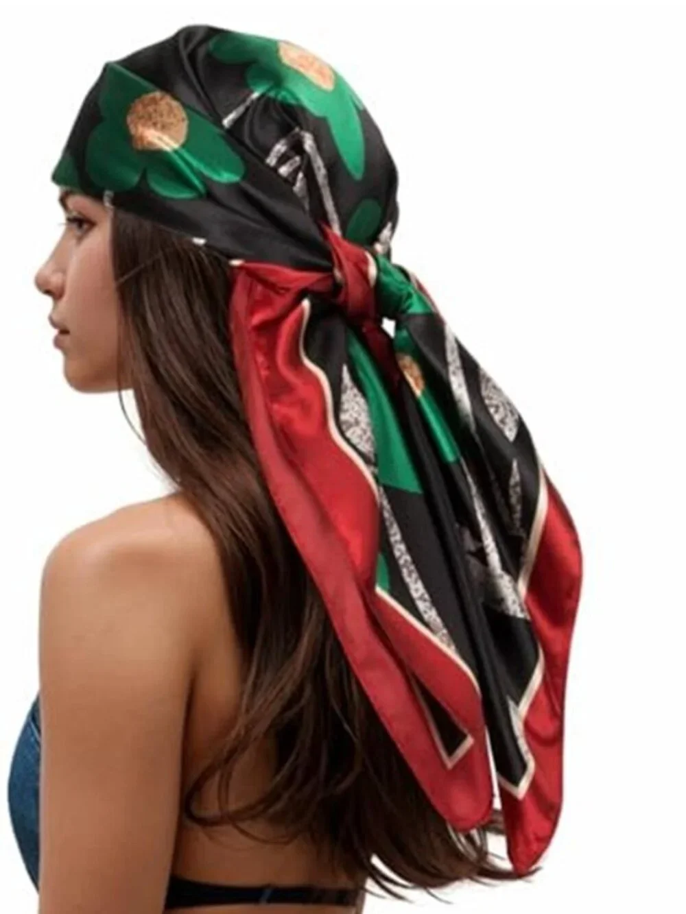 Silky Feel Head Scarf Red Green Black Elegant Square Scarf for Summer